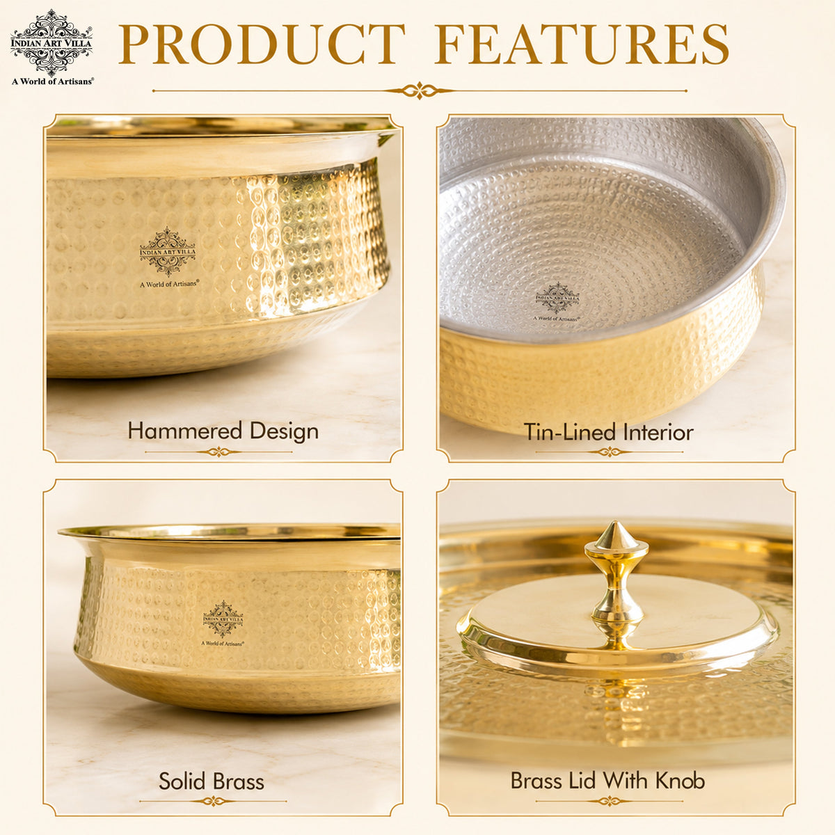 Brass Lagan With Hammered Design, Tin Lining & Brass Lid - 6 L