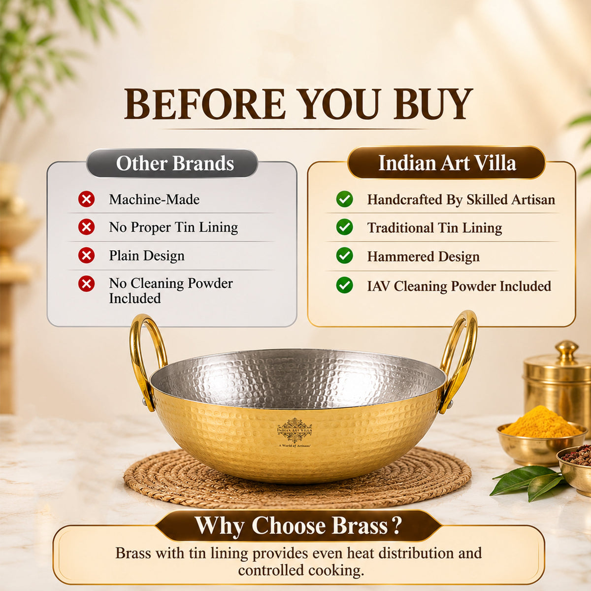 Brass Kadhai With Hammered Design, Tin Lining & Brass Handles