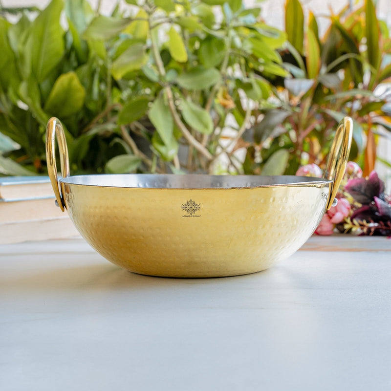 Brass Kadhai With Hammered Design, Tin Lining & Brass Handles