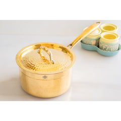 Pure Brass Sauce Pan With Hammered Design, Lid & Brass Handle