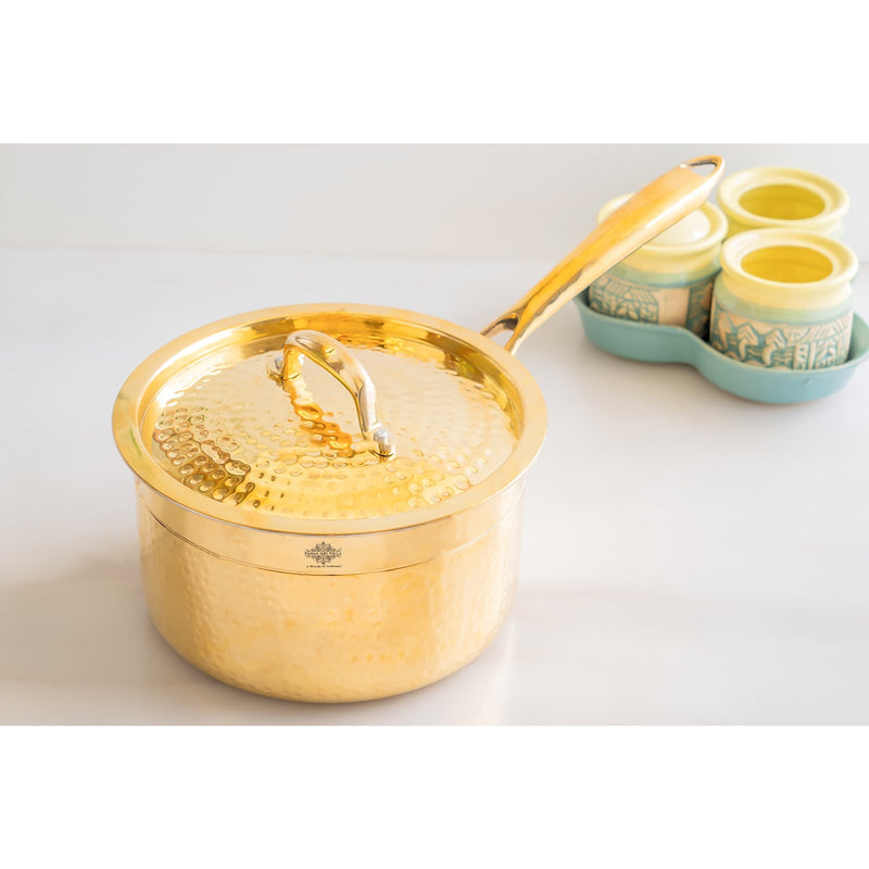 Pure Brass Sauce Pan With Hammered Design, Lid & Brass Handle