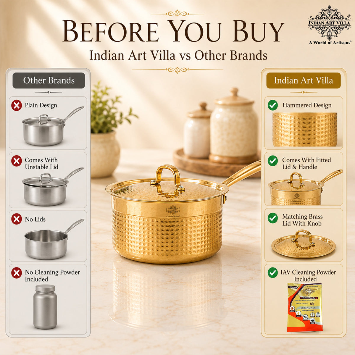 Pure Brass Sauce Pan With Hammered Design, Lid & Brass Handle