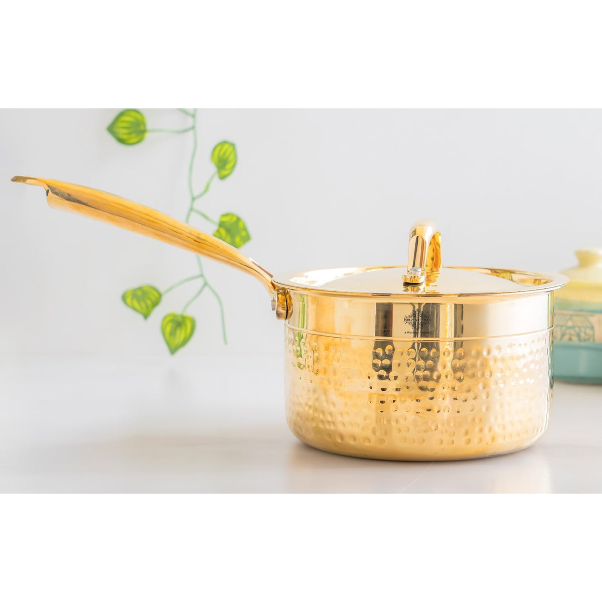 Pure Brass Sauce Pan With Hammered Design, Lid & Brass Handle