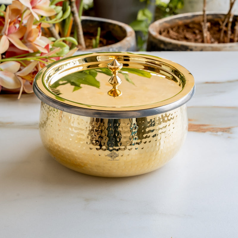 Pure Brass Cooking Handi, Hammered Design with Lid