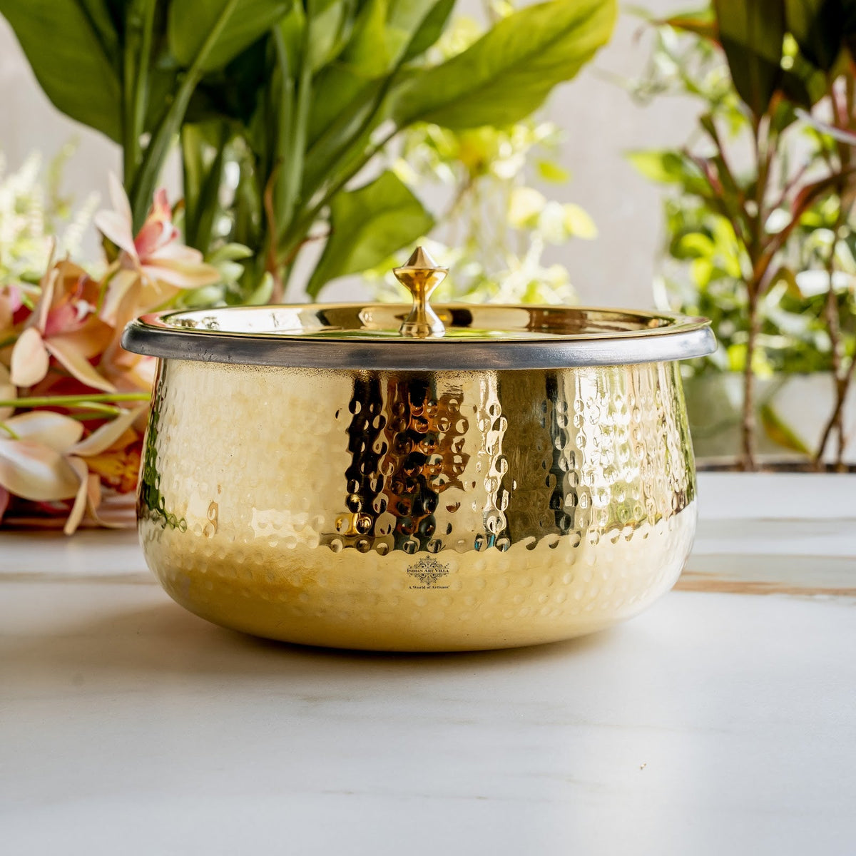 Pure Brass Cooking Handi, Hammered Design with Lid