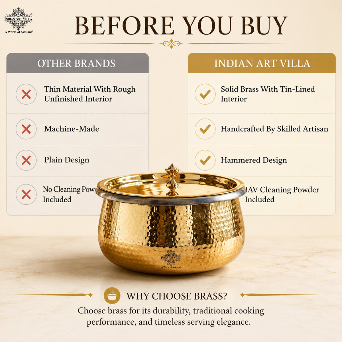 Pure Brass Cooking Handi, Hammered Design with Lid