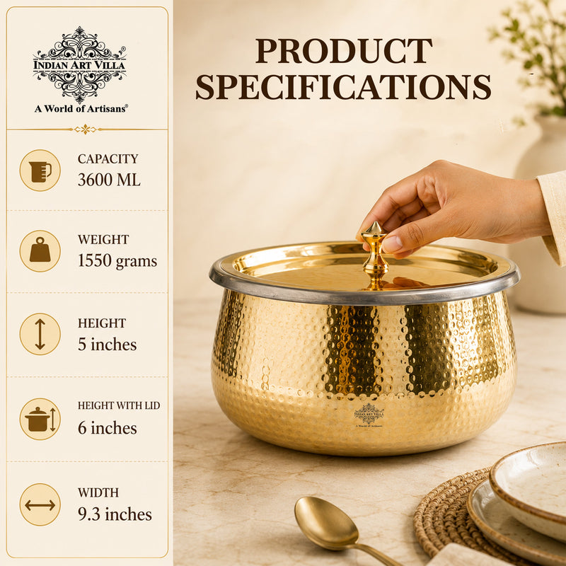 Pure Brass Cooking Handi, Hammered Design with Lid