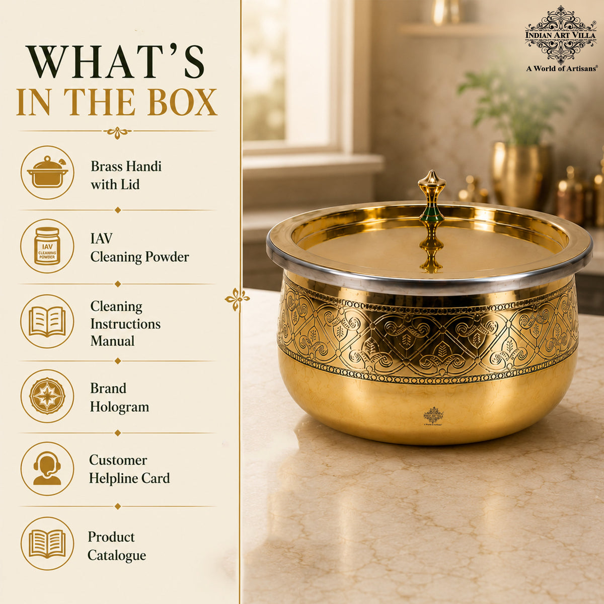 Pure Brass Embossed Design Handi with Lid & Inside Tin Linning - Brass Cookware