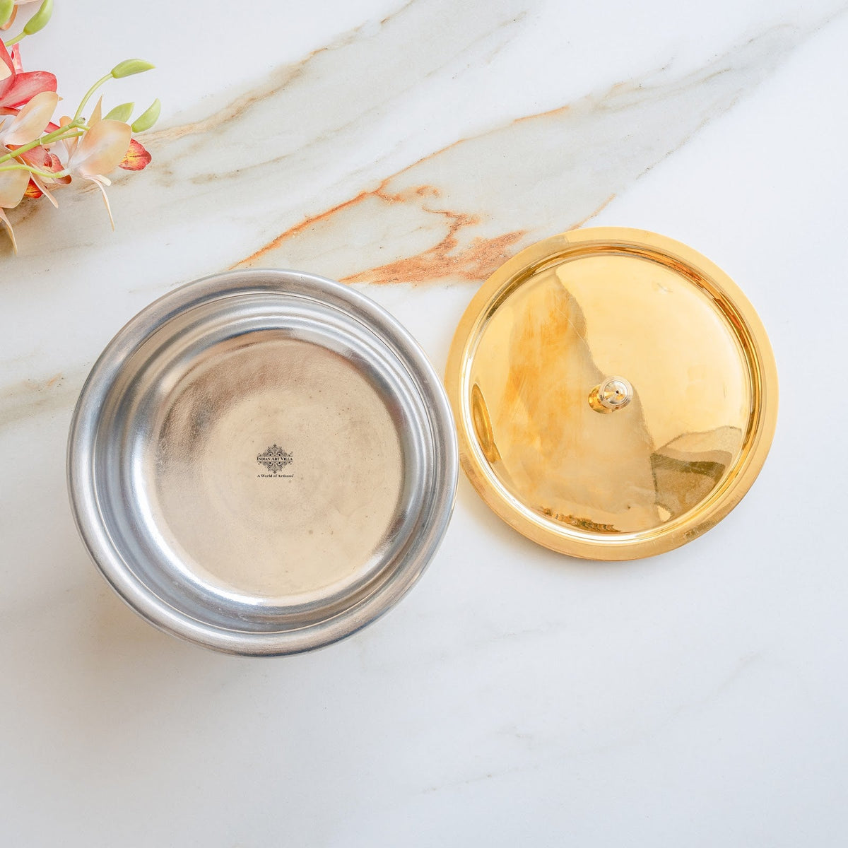 Pure Brass Embossed Design Handi with Lid & Inside Tin Linning - Brass Cookware