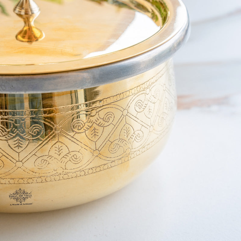 Pure Brass Embossed Design Handi with Lid & Inside Tin Linning - Brass Cookware