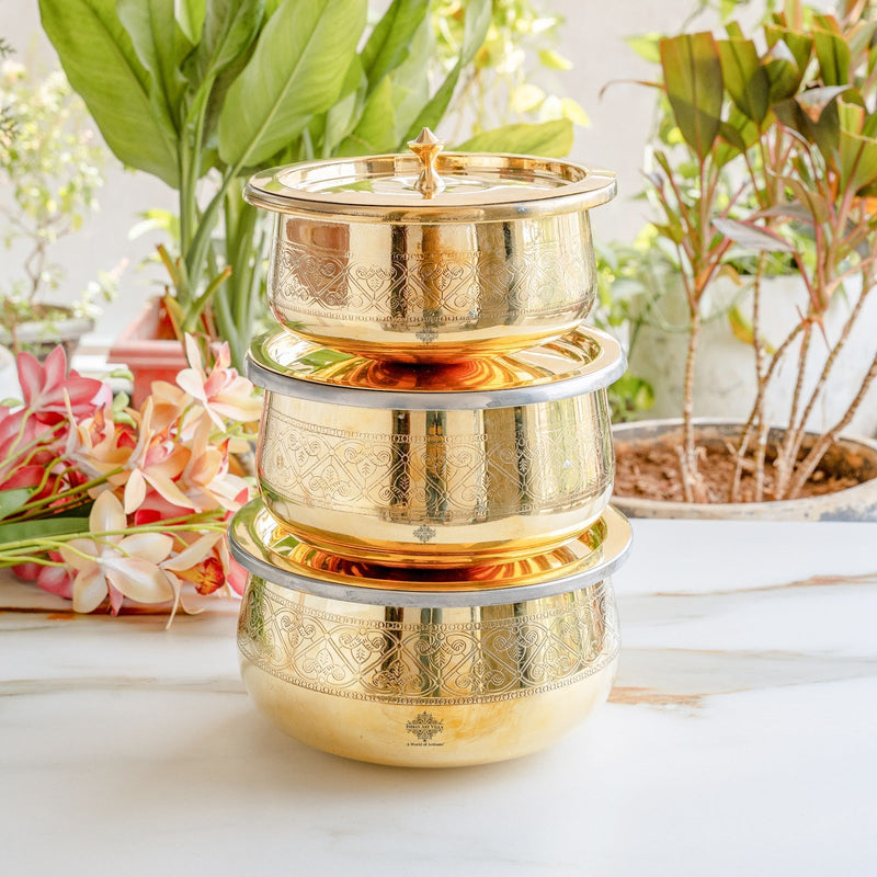 Pure Brass Embossed Design Handi with Lid & Inside Tin Linning - Brass Cookware