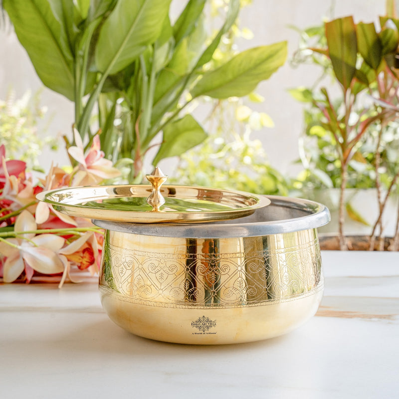 Pure Brass Embossed Design Handi with Lid & Inside Tin Linning - Brass Cookware