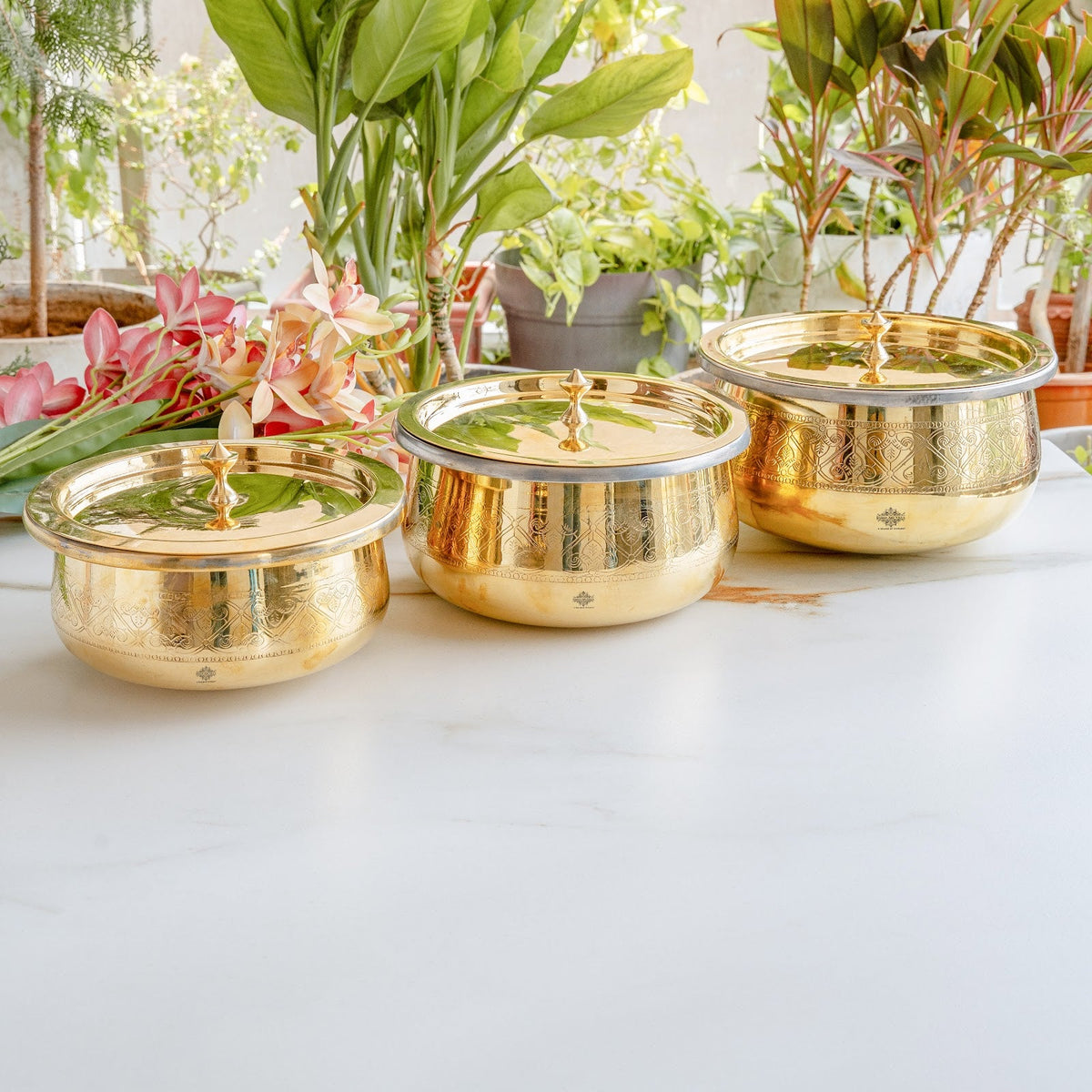 Pure Brass Embossed Design Handi with Lid & Inside Tin Linning - Brass Cookware