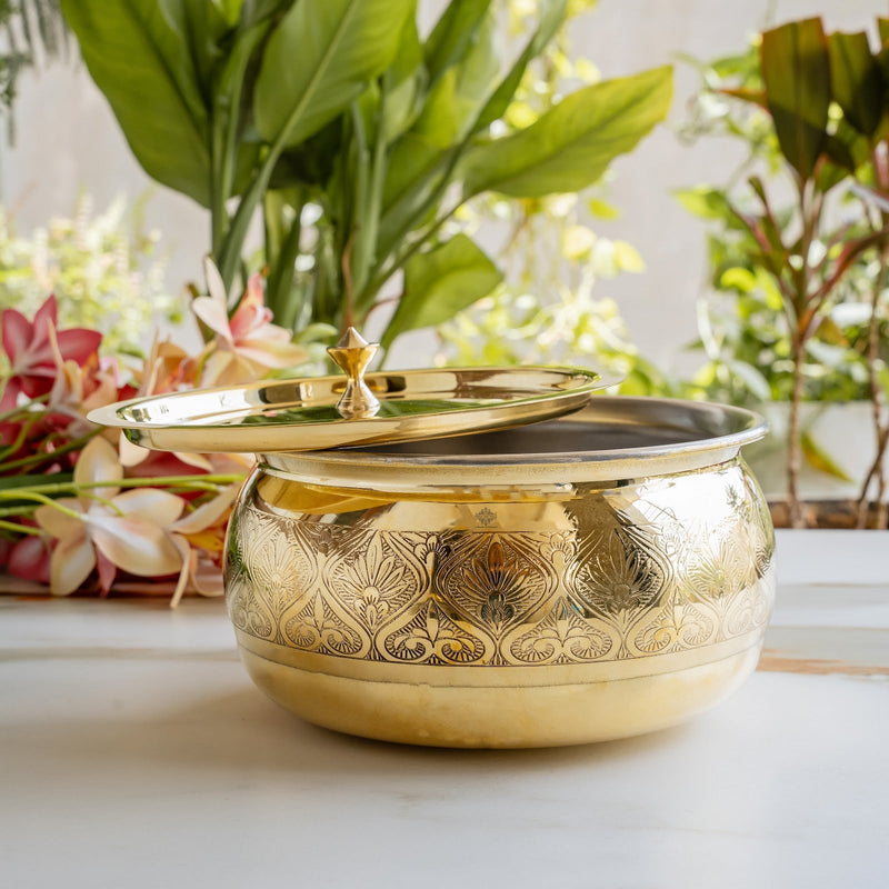 Brass Embossed Handi with Brass Lid & Knob, Tin Lined