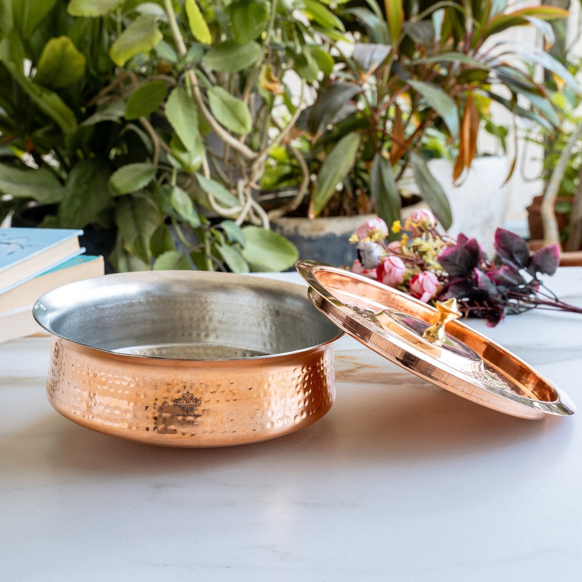 Copper Hammered Lagan with Tin Lining & Lid for Traditional Cooking