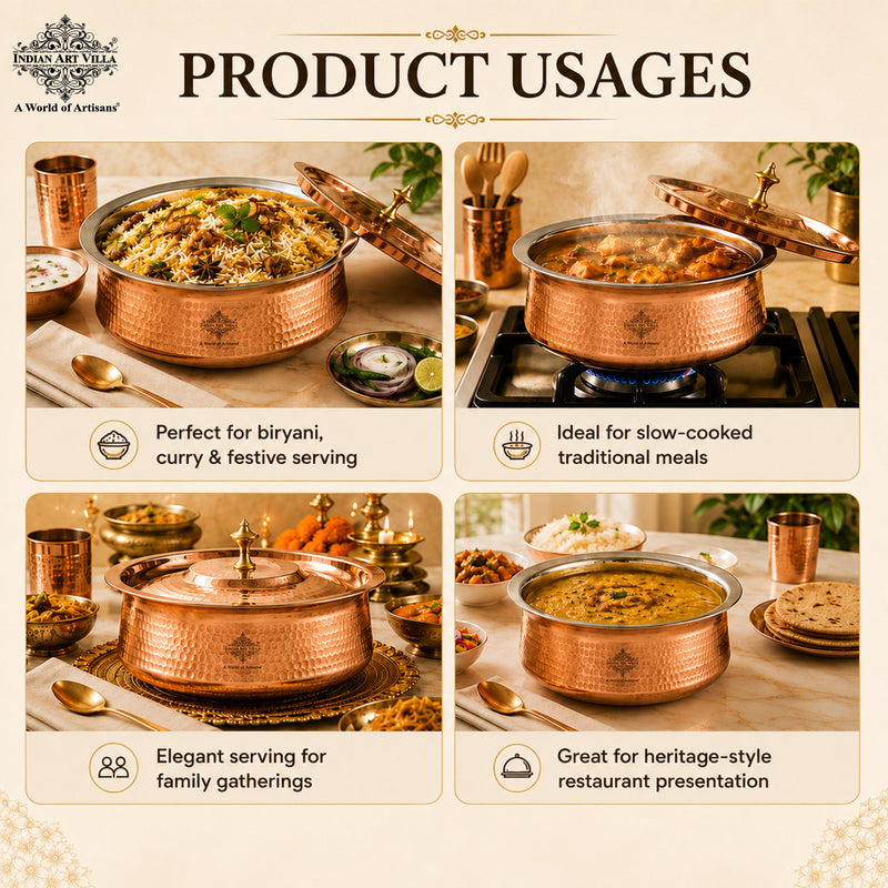 Copper Hammered Lagan with Tin Lining & Lid for Traditional Cooking