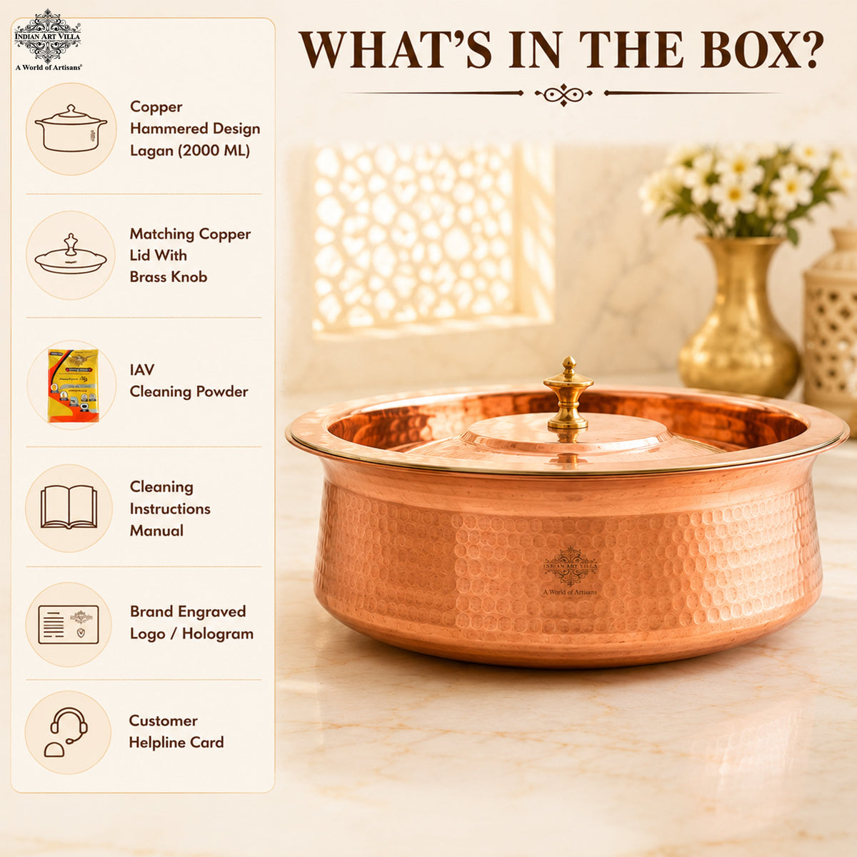 Copper Hammered Lagan with Tin Lining & Lid for Traditional Cooking