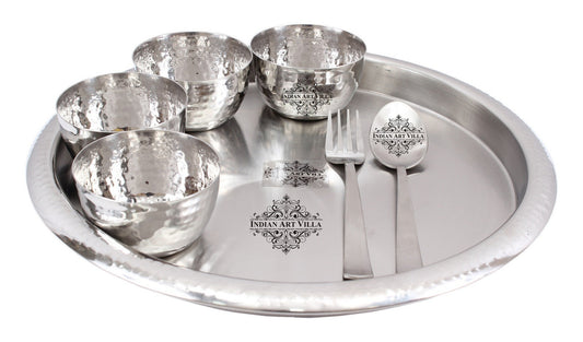Handmade Pure Stainless Steel 7 Pieces Dinner Set (1 Plate, 4 Bowl, 1 Spoon, 1 Fork)