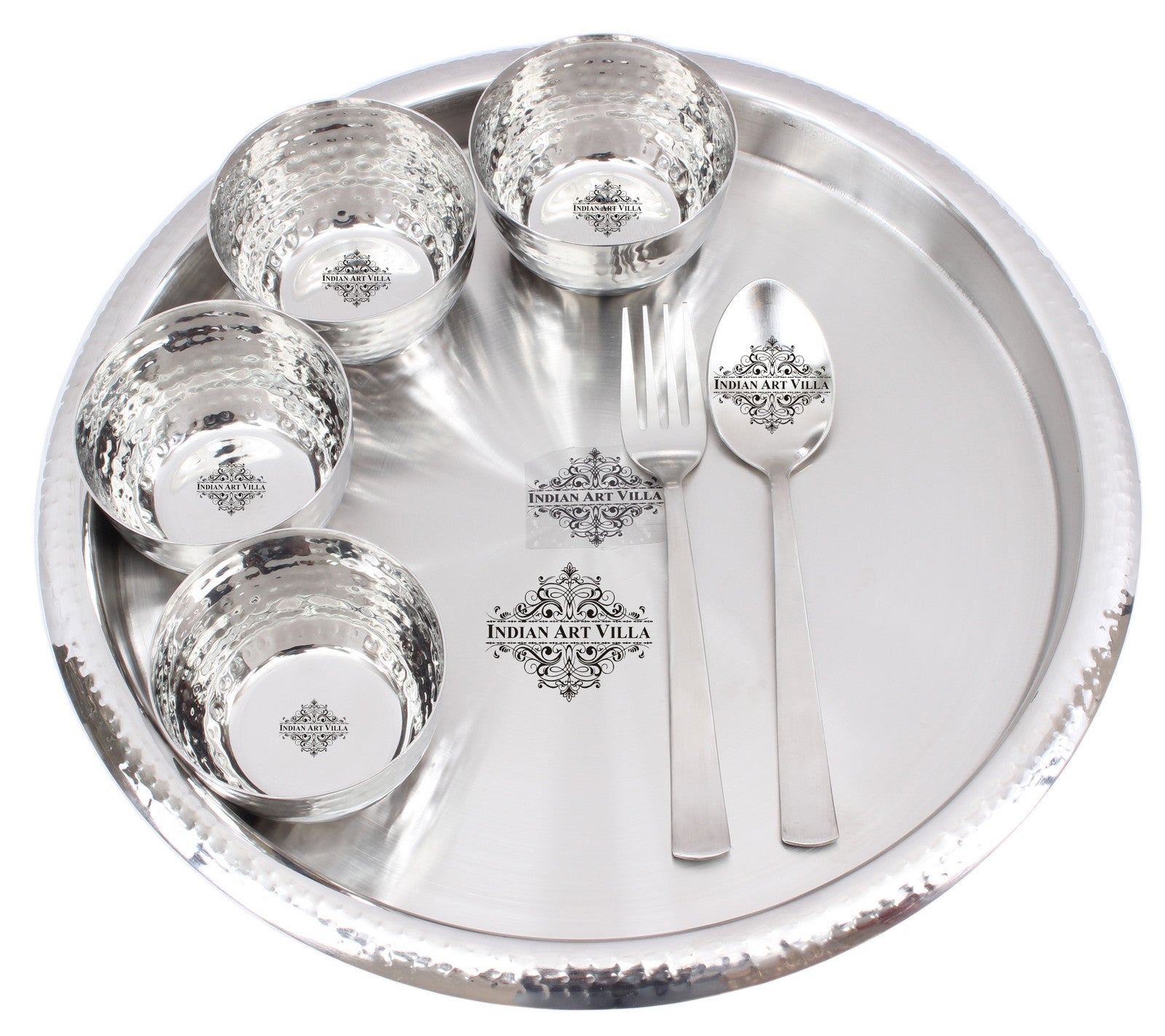 Handmade Pure Stainless Steel 7 Pieces Dinner Set (1 Plate, 4 Bowl, 1 Spoon, 1 Fork)