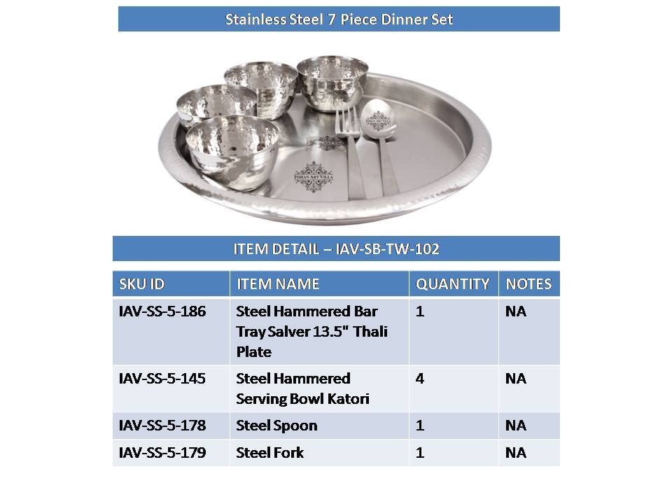 Handmade Pure Stainless Steel 7 Pieces Dinner Set (1 Plate, 4 Bowl, 1 Spoon, 1 Fork)