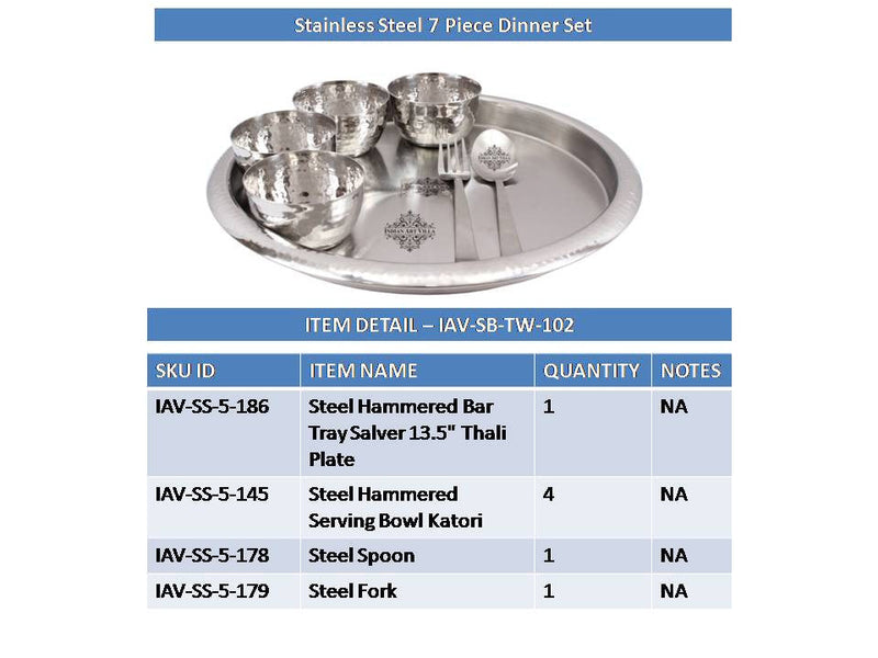 Handmade Pure Stainless Steel 7 Pieces Dinner Set (1 Plate, 4 Bowl, 1 Spoon, 1 Fork)