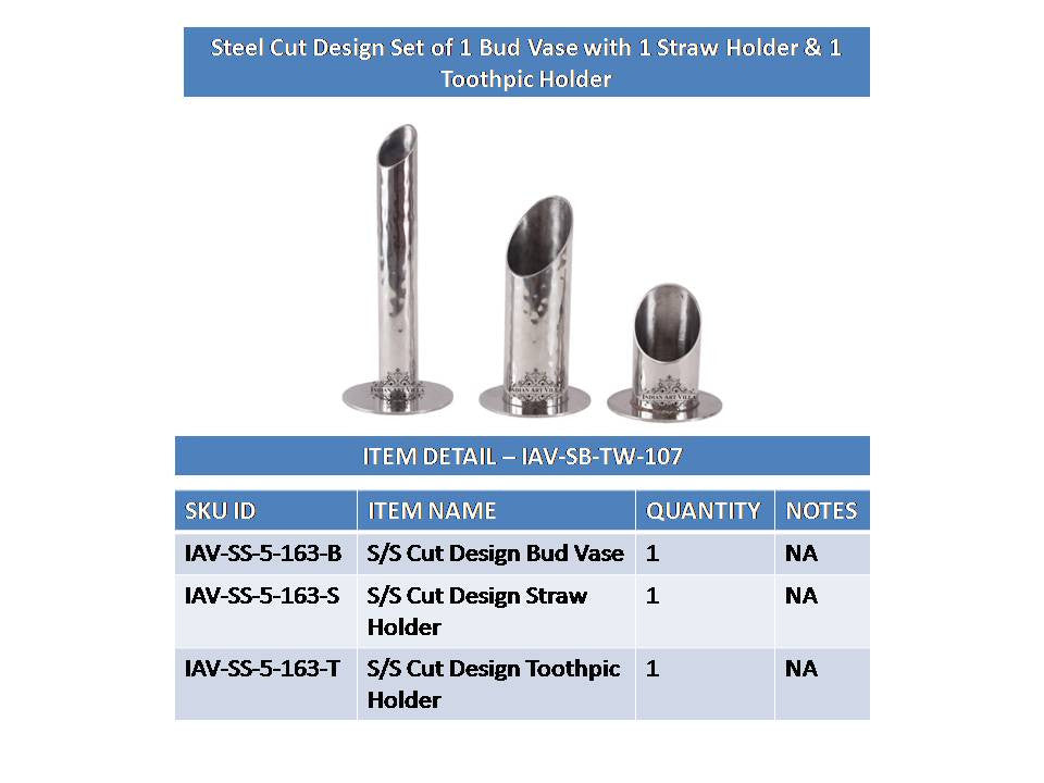 Steel Cut Set of 1 Bud Vase,Straw Holder,Toothpic Holder