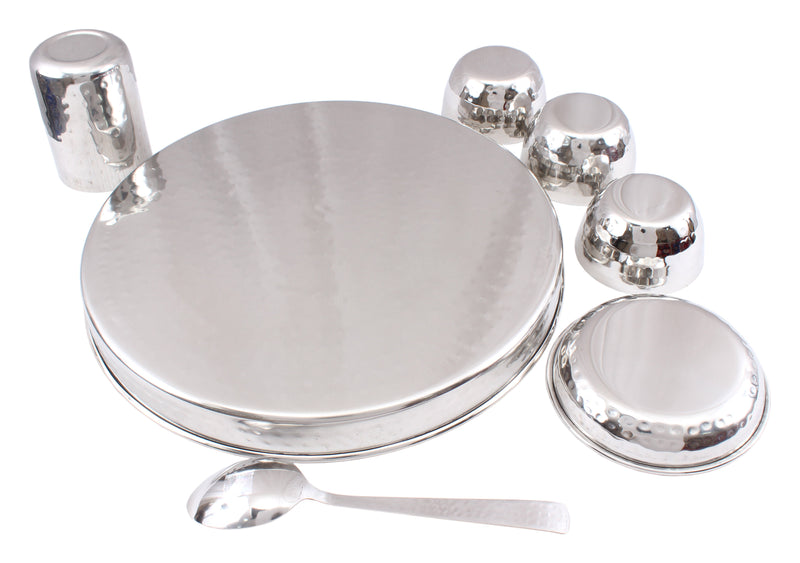 Handmade Pure Steel Hammered Design 7 Pieces Dinner Set | Thali Set, Dinnerware, Serveware