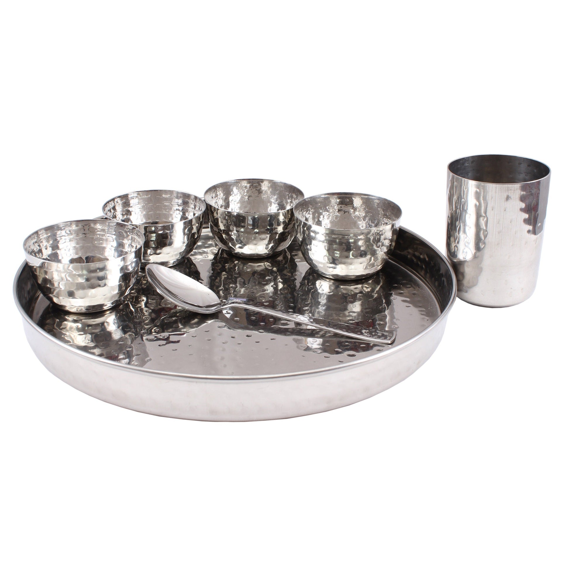 Steel Hammered 7 Piece Thali Set (1 thali 30.48 cm 4 Bowl 1 Dessert Spoon 1 Flat Hammered Glass)