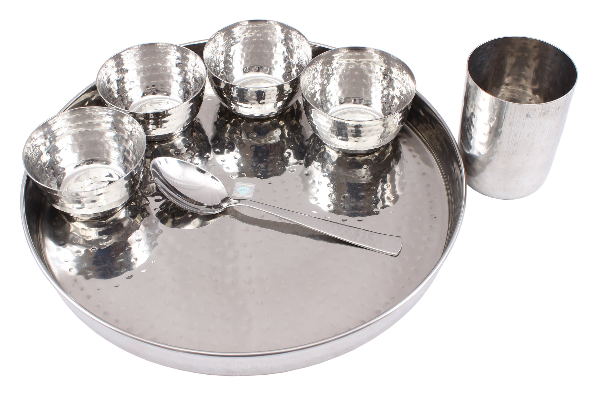 Steel Hammered 7 Piece Thali Set (1 thali 30.48 cm 4 Bowl 1 Dessert Spoon 1 Flat Hammered Glass)