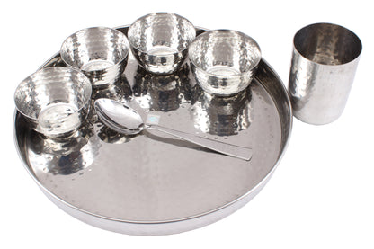 Steel Hammered 7 Piece Thali Set (1 thali 30.48 cm 4 Bowl 1 Dessert Spoon 1 Flat Hammered Glass)