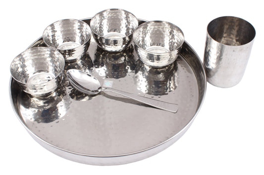 Steel Hammered 7 Piece Thali Set (1 thali 30.48 cm 4 Bowl 1 Dessert Spoon 1 Flat Hammered Glass)