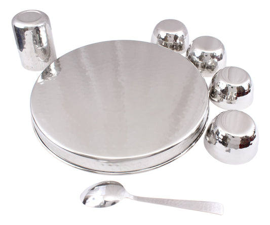 Steel Hammered 7 Piece Thali Set (1 thali 30.48 cm 4 Bowl 1 Dessert Spoon 1 Flat Hammered Glass)