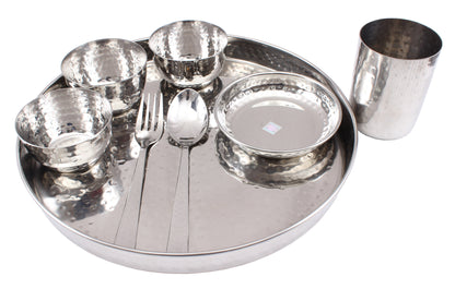 Steel Hammered 8 Piece Thali Set (1 thali 30.48 cm, 3 Bowl, 1 Halwa Plate, 1 Dessert Spoon, 1 Flat Hammered Glass, 1 Dessert Fork)