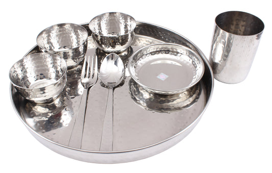 Steel Hammered 8 Piece Thali Set (1 thali 30.48 cm, 3 Bowl, 1 Halwa Plate, 1 Dessert Spoon, 1 Flat Hammered Glass, 1 Dessert Fork)