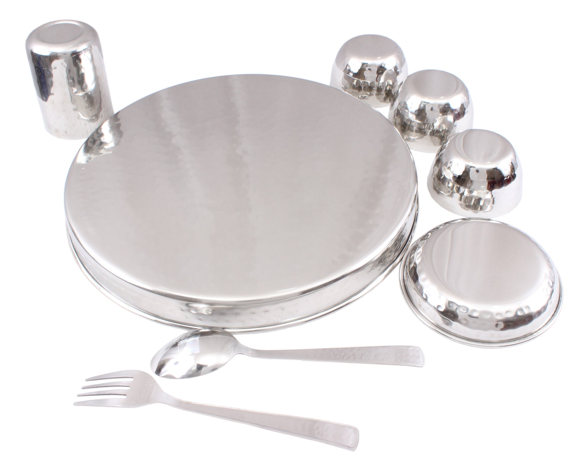 Steel Hammered 8 Piece Thali Set (1 thali 30.48 cm, 3 Bowl, 1 Halwa Plate, 1 Dessert Spoon, 1 Flat Hammered Glass, 1 Dessert Fork)