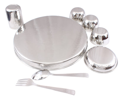 Steel Hammered 8 Piece Thali Set (1 thali 30.48 cm, 3 Bowl, 1 Halwa Plate, 1 Dessert Spoon, 1 Flat Hammered Glass, 1 Dessert Fork)