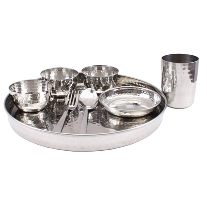 Steel Hammered 8 Piece Thali Set (1 thali 30.48 cm, 3 Bowl, 1 Halwa Plate, 1 Dessert Spoon, 1 Flat Hammered Glass, 1 Dessert Fork)