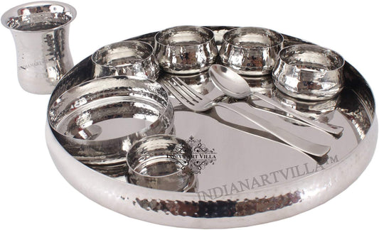 Handmade Pure Steel 9 Pieces Curved Thali Set | Dinner Set, Hammered Design, Serveware, Dinnerware