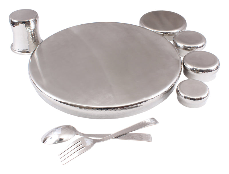 Handmade Pure Steel 9 Pieces Curved Thali Set | Dinner Set, Hammered Design, Serveware, Dinnerware