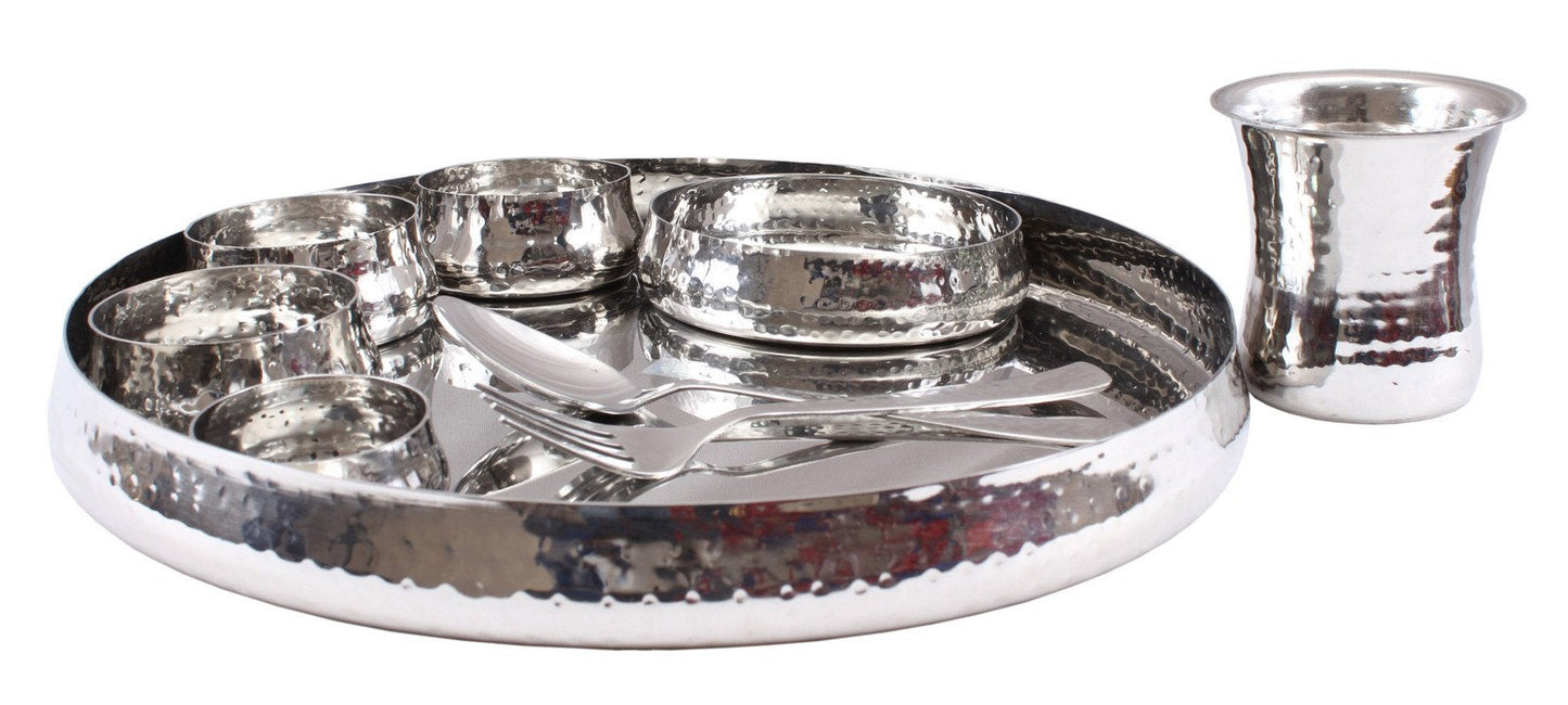 Handmade Pure Steel 9 Pieces Curved Thali Set | Dinner Set, Hammered Design, Serveware, Dinnerware