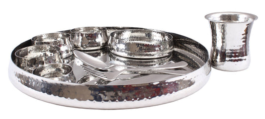 Handmade Pure Steel 9 Pieces Curved Thali Set | Dinner Set, Hammered Design, Serveware, Dinnerware
