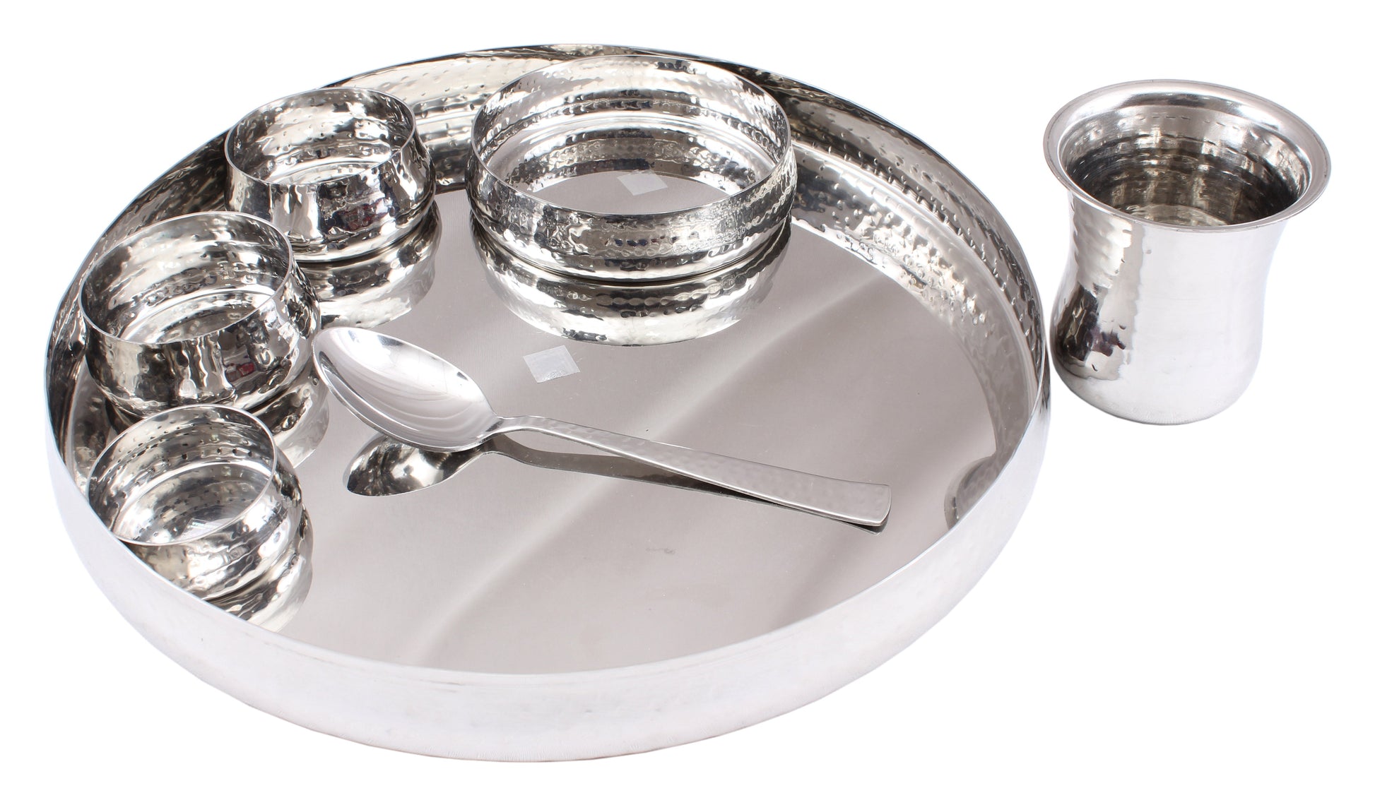 Pure Steel Hammered 6 Piece Thali Set (1 Salver, 3 Bowl, 1 Glass, 1 Spoon)