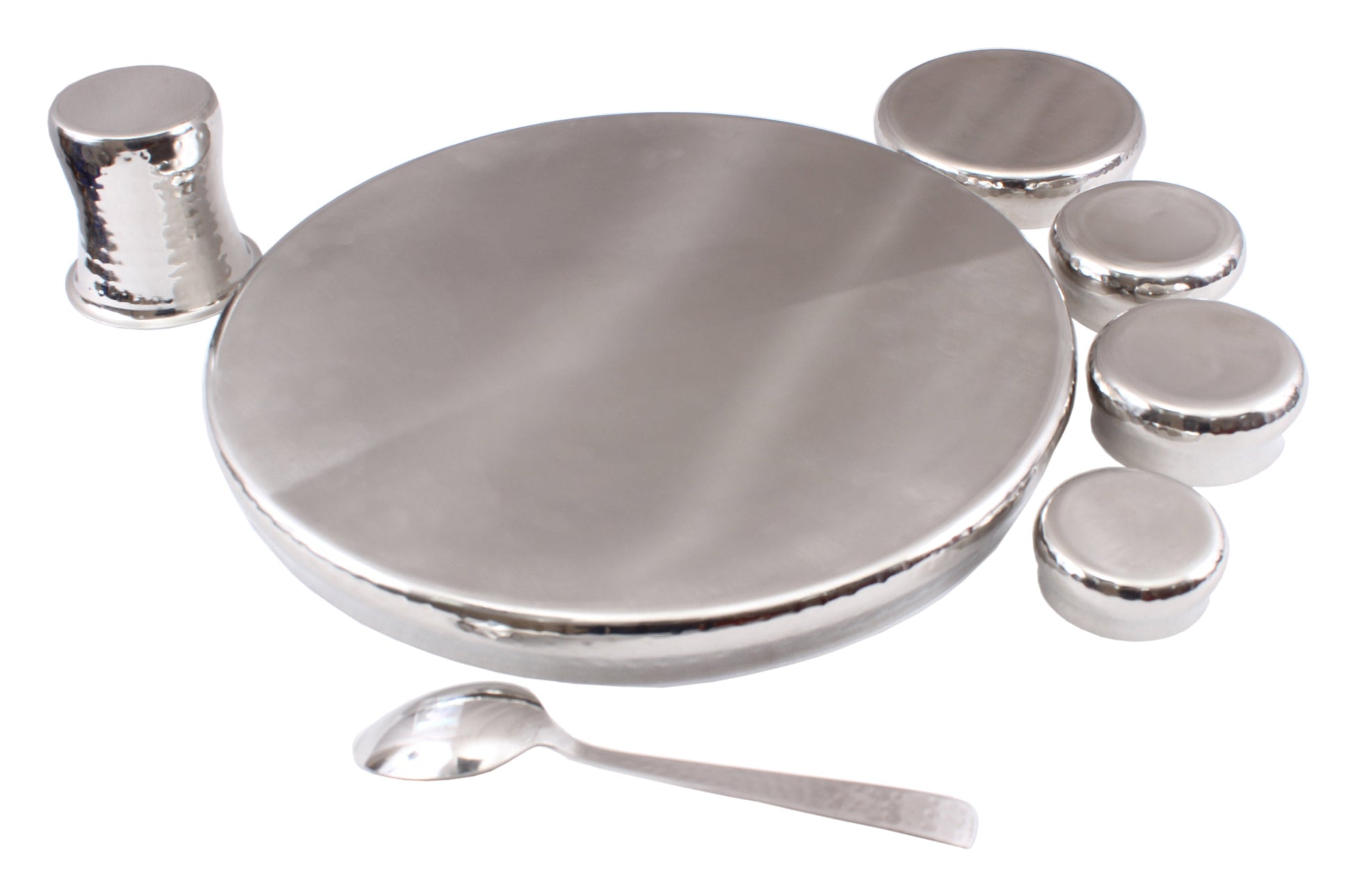 Pure Steel Hammered 6 Piece Thali Set (1 Salver, 3 Bowl, 1 Glass, 1 Spoon)