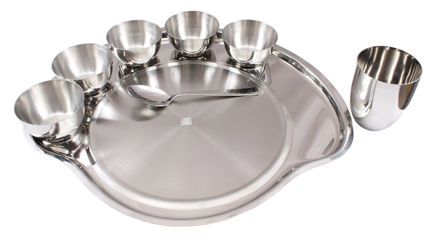 Pure Steel Plain Konika 8 Piece Big Thali Set (1 Thali 38.10 cm, 5 Bowl, 1 Konika Glass, 1 Spoon)