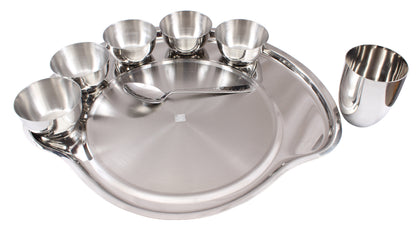 Pure Steel Plain Konika 8 Piece Big Thali Set (1 Thali 38.10 cm, 5 Bowl, 1 Konika Glass, 1 Spoon)