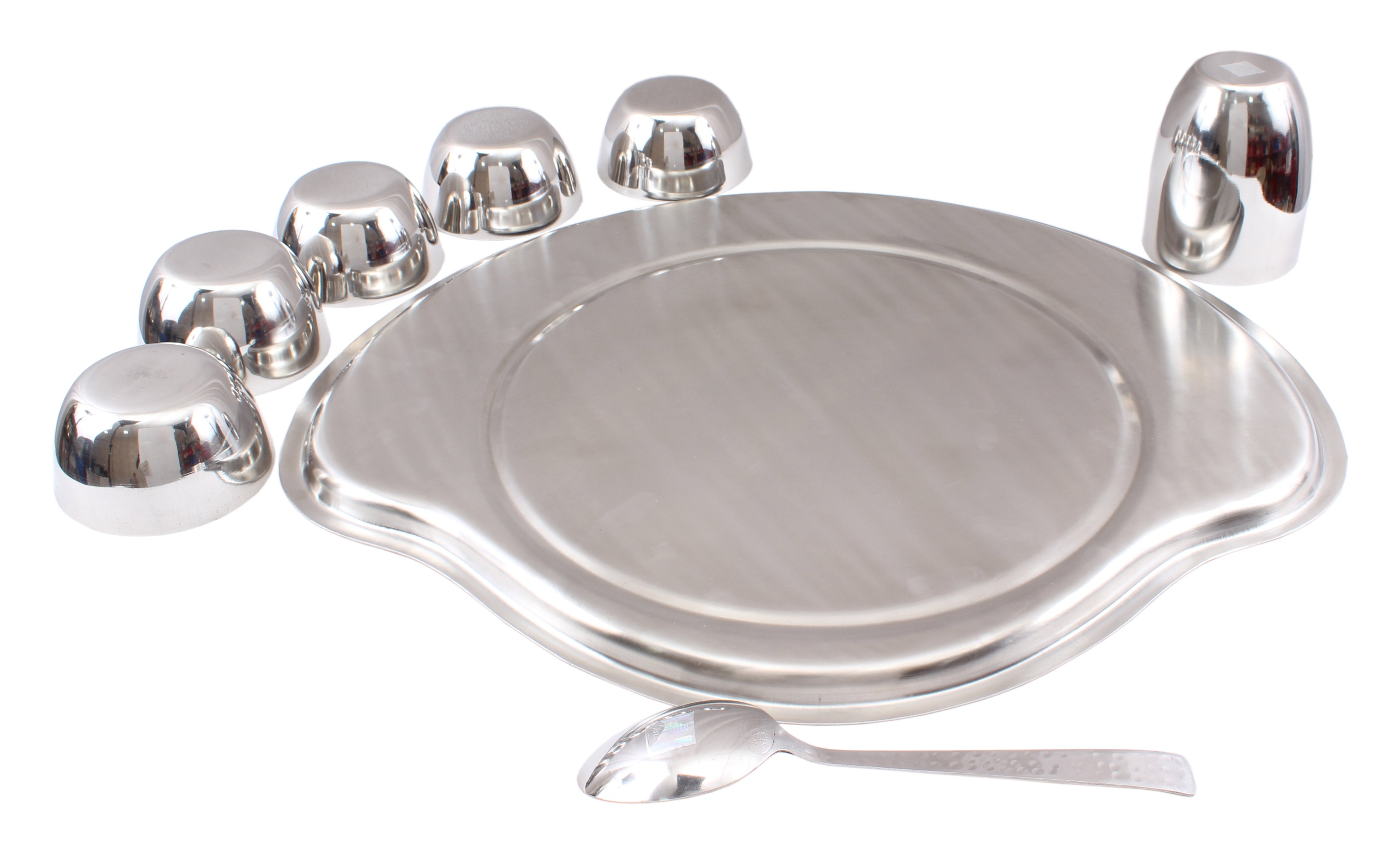 Pure Steel Plain Konika 8 Piece Big Thali Set (1 Thali 38.10 cm, 5 Bow Foto & Idee Pure Steel Plain Konika 8 Piece Big Thali Set (1 Thali 38.10 cm, 5 Bow Illustration