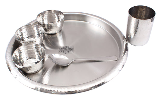 Pure Steel Hammered 6 Piece Thali Set (1 Plate, 3 Bowl, 1 Glass, 1 Spoon)