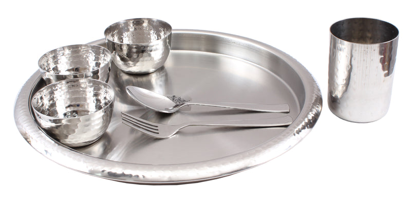 Handcrafted Pure Steel 7 Piece Thali Set | Dinner Set with Hammered Design, Dinnerware, Serveware