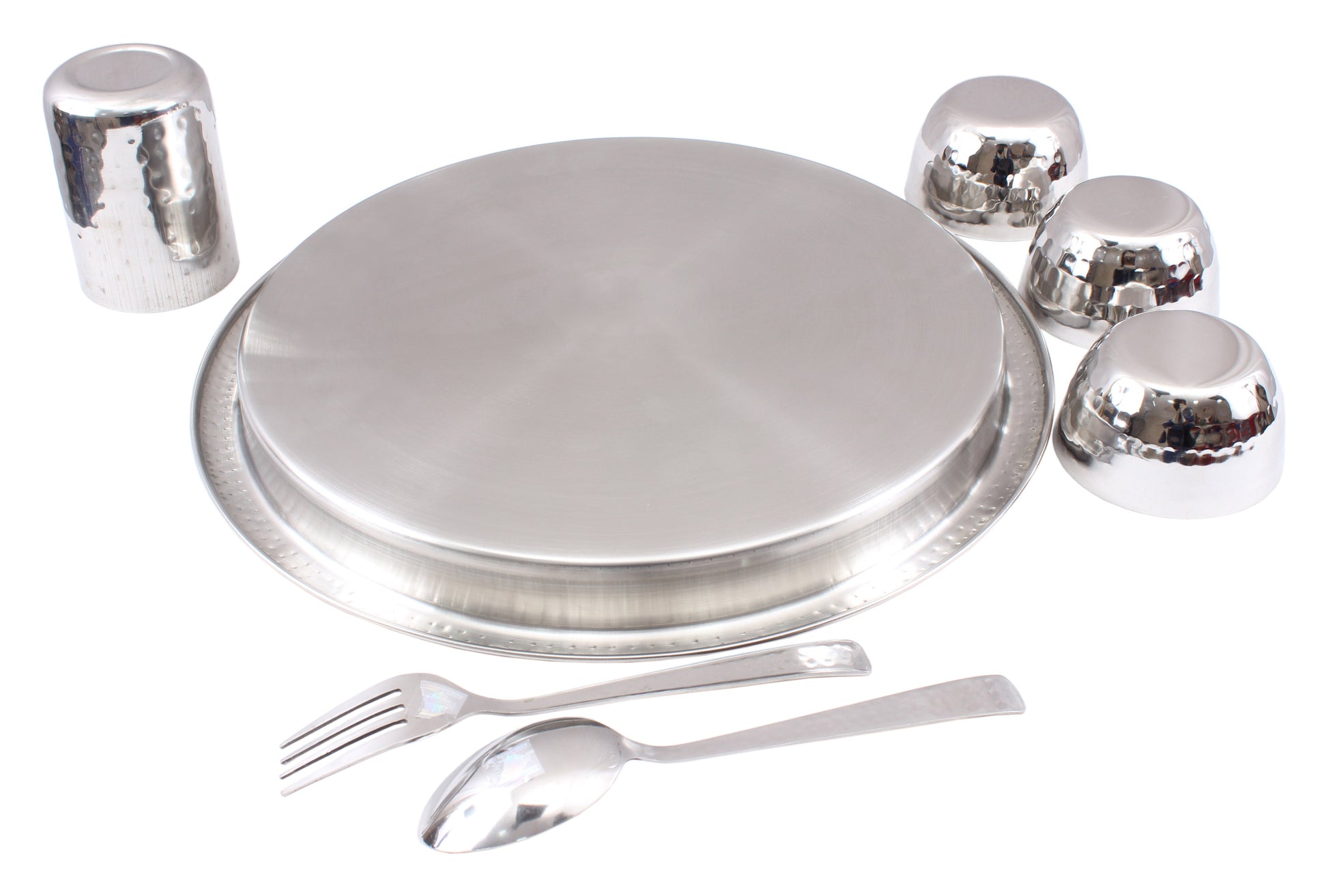 Handcrafted Pure Steel 7 Piece Thali Set | Dinner Set with Hammered Design, Dinnerware, Serveware