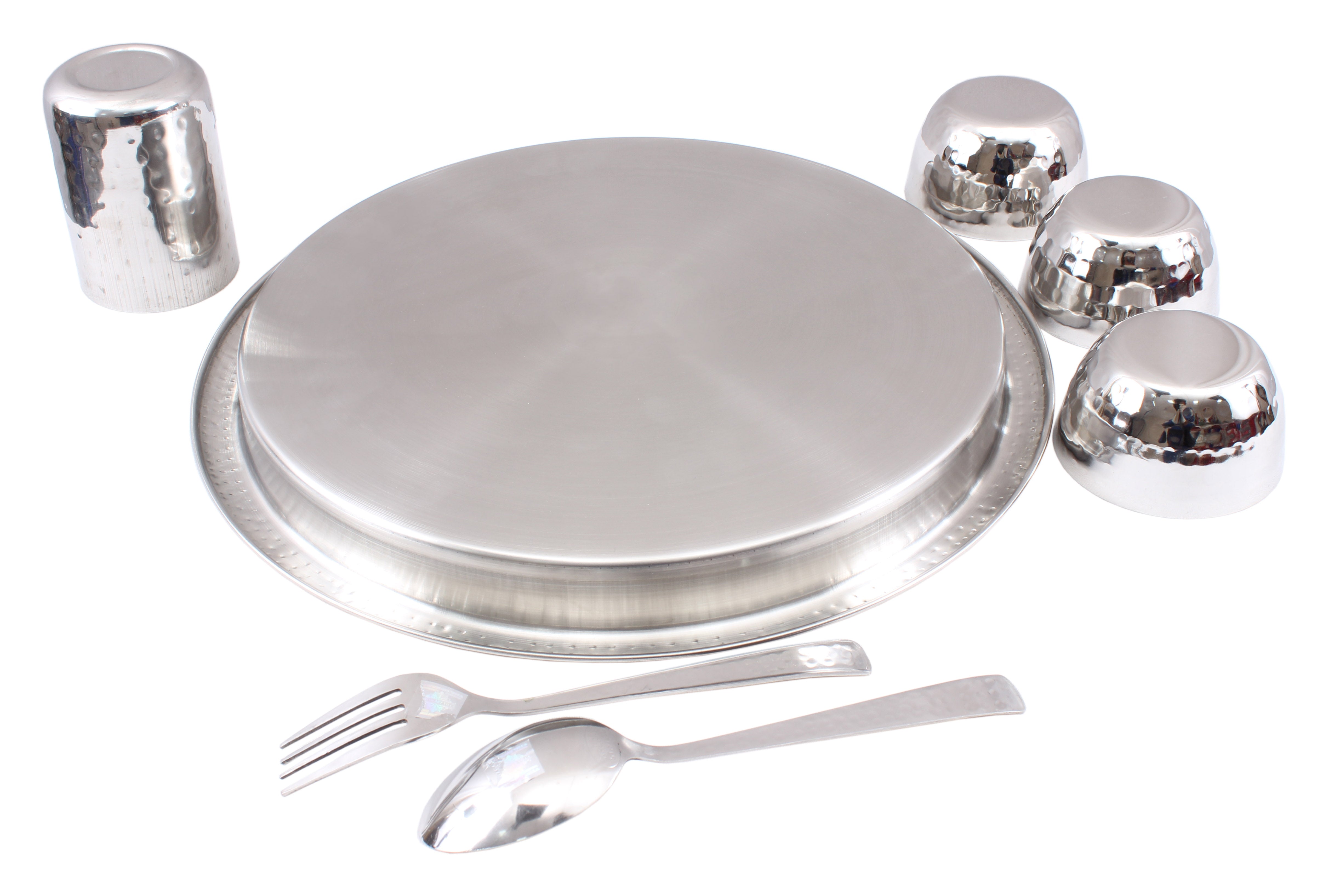 Handcrafted Pure Steel 7 Piece Thali Set | Dinner Set with Hammered Design, Dinnerware, Serveware